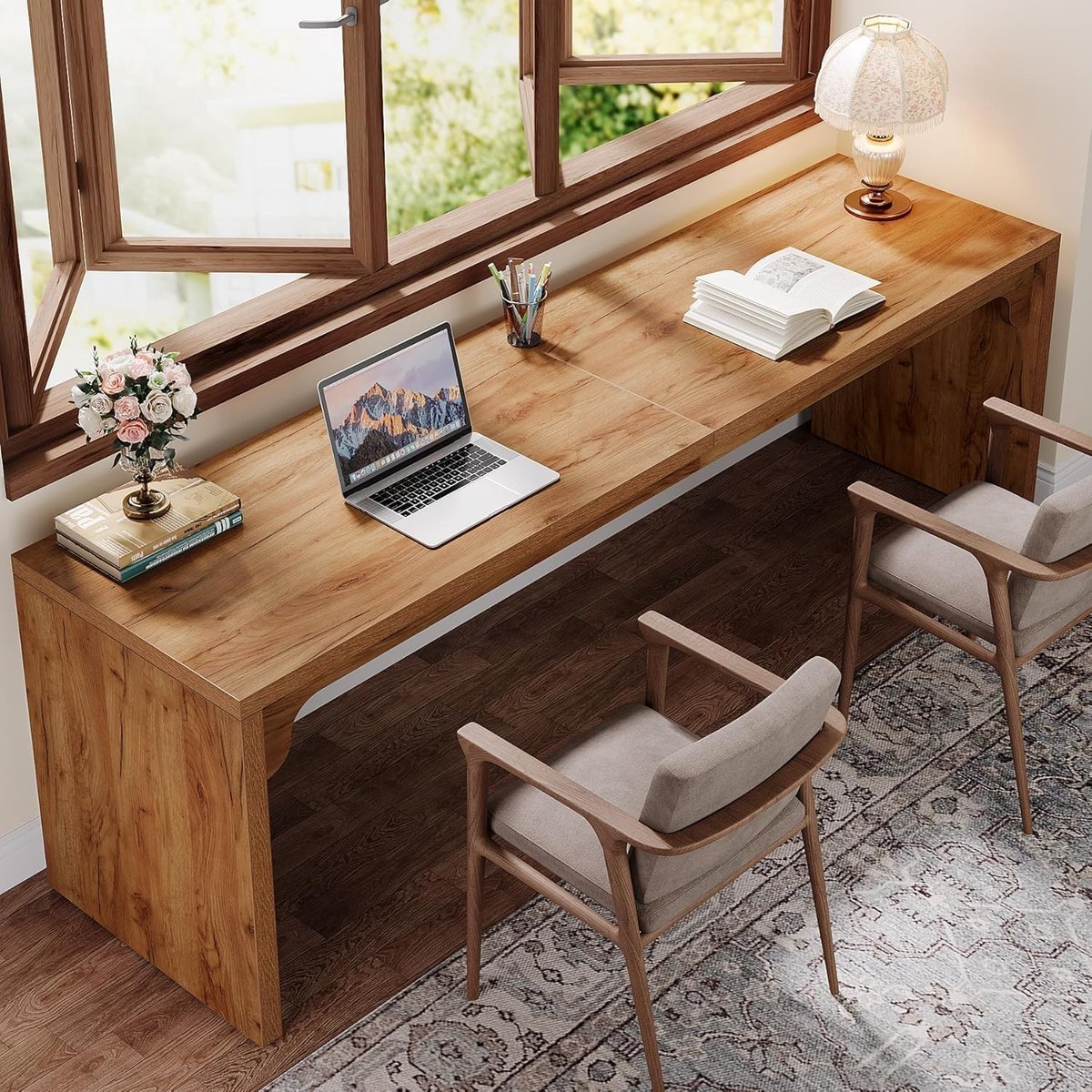 Bureau, computertafel, 180 x 59 x 75 cm, dubbel lang bureau, pc-tafel, werktafel, eettafel, kantoormeubel, computertafel, vergadertafel voor thuiskantoor, bruin