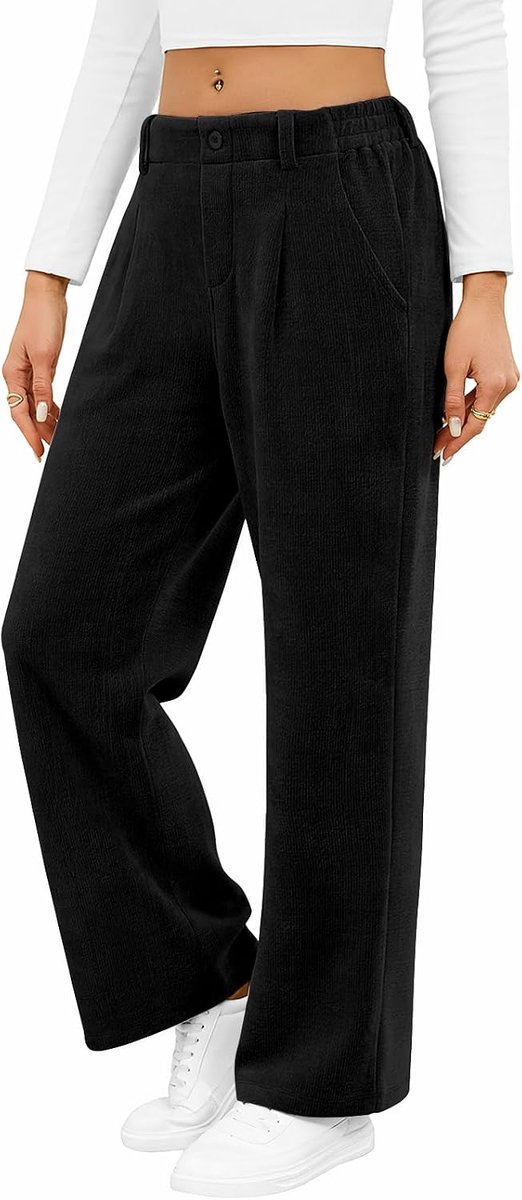 Corduroy broek voor vrouwen elastische taille rechte pijpen trekkoord broek losse pasvorm casual warme wijde pijpen broek met zakken decoratieve knoop casual werk