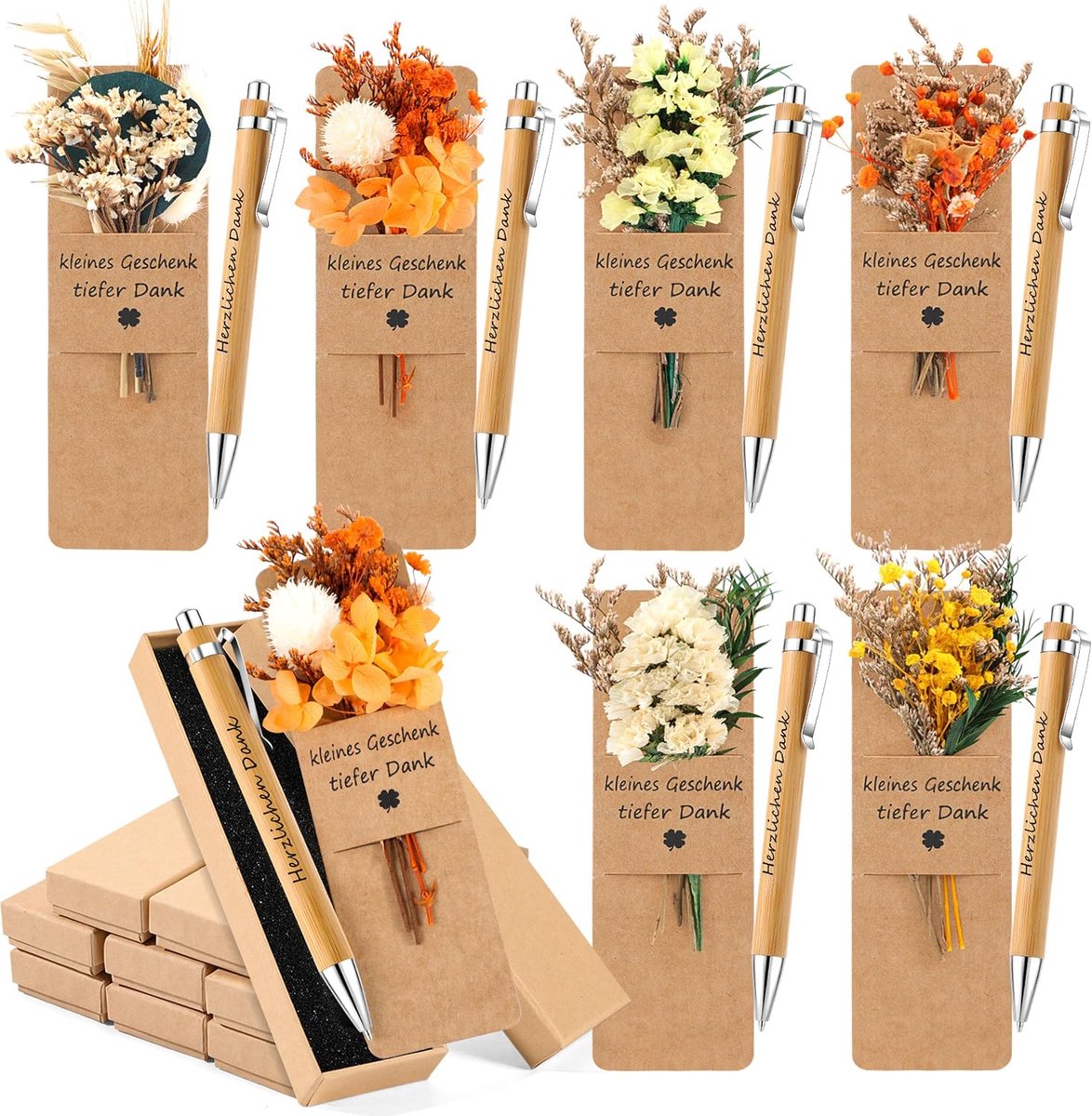 6 sets een klein bedankje - houten balpen met boekje droogbloemen, bedankt voor alles bedankt, bladwijzer en geschenkdoos voor afscheidscadeau, leraar, collega, vriend, bruiloft