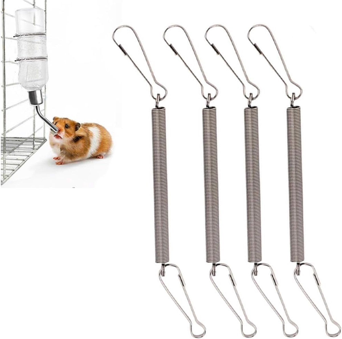 Set van 4 veren met 2 clips die alleen of in combinatie worden gebruikt om de waterdispenser voor konijnen vast te houden, drinkfles voor kleine dieren, veerhouder van roestvrij staal