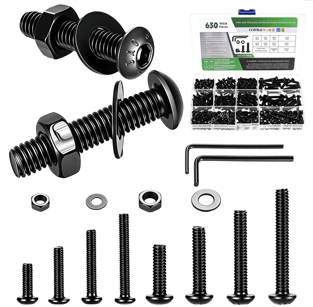 630 stuks M3 M4 schroevenset, zwart - ronde kopschroeven met binnenzeskant en moeren, draadschroevensets, machineschroeven en sluitringen kit