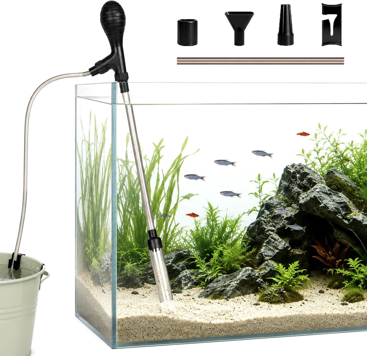 Mulmzuiger voor aquarium, handbediende aquariumreiniger met slang van 2 m en pomp voor waterwisseling, aquariumzuiger met sifon voor eenvoudige reiniging van grind, bodemmodder