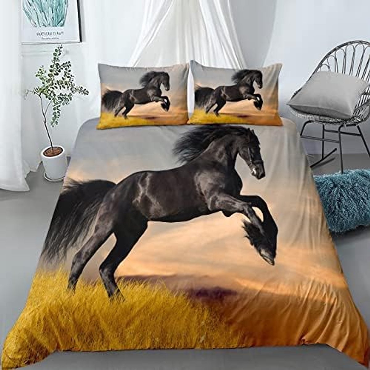 Dekbedovertrek met paardenmotief, kinderbeddengoedset, 3D-print, dierenpaardenmotief, dekbedovertrek voor kinderen, jongens en jongeren, met ritssluiting en kussensloop, zwart 1, 135 x 200 cm