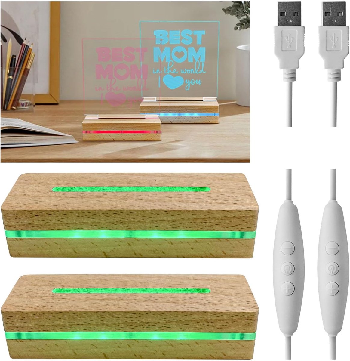 Displaybasis voor ledlampen, 2 stuks, rechthoekig, 15 cm, houten displaystandaard, led-verlichting, displaysokkel, houten standaard voor 5 mm acrylglas, spaneel tafeldisplay (veelkleurig licht