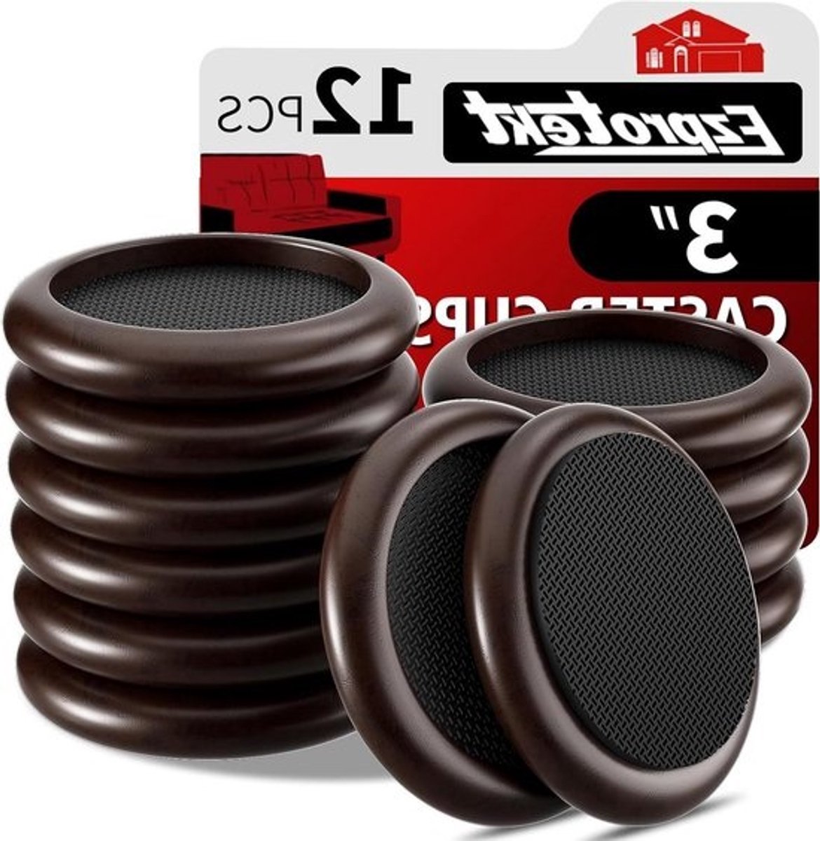 Ezprotekt 3" Premium EVA Castor Cups voor Houten Vloeren & Gladde Oppervlakken Φ 76 mm - Donkerbruine Houtnerf - 12 STKS Stoelbeen Vloerbeschermers - Wielen voor Meubels - Meubelbekers