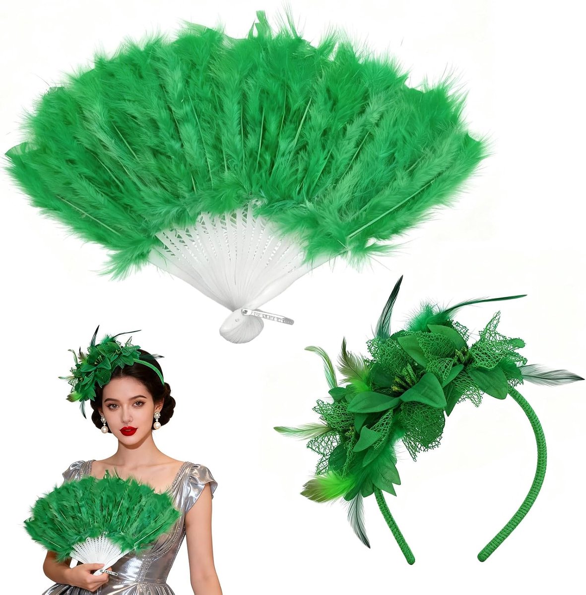 Haarsieraad met veren, vintage veer, fascinator, haarsieraad + handwaaiers, groen, carnaval en feestaccessoires