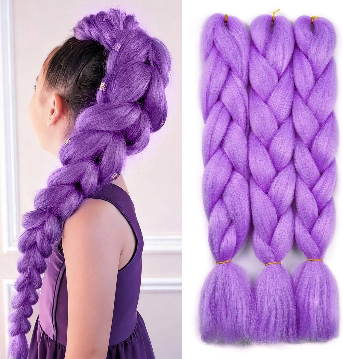 Haarextensies, kanekalon vlechthaar voor het vlechten van Crochet Twist Box vlechten, 61 cm, 3 stuks, lichtpaars, jumbo vlechthaar