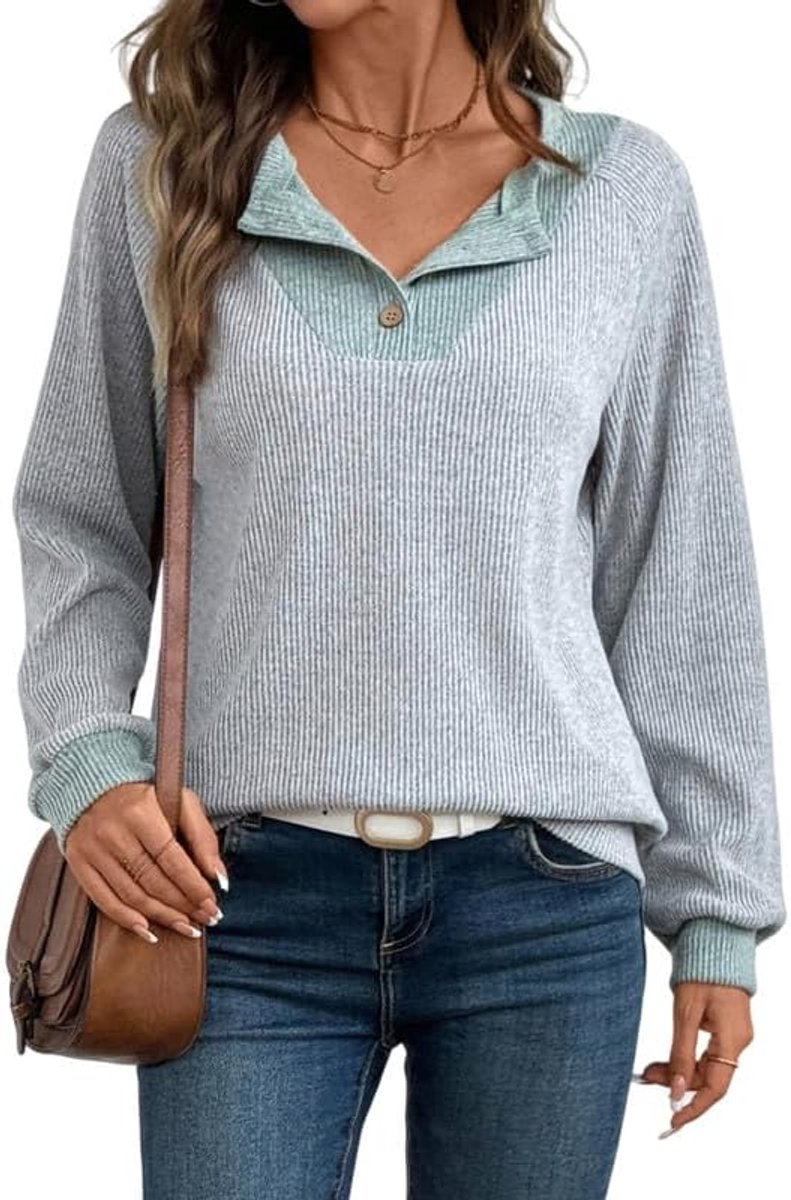 Sweatshirt dames zonder capuchon vintage tweekleurig casual V-hals pullover lange mouwen elegante sweatshirts met knopen herfst winter trui basic zacht T-shirt voor elke dag