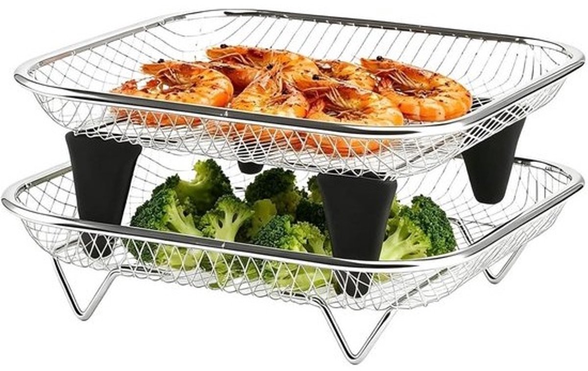 Airfryer Tray - RVS stapelbare lade, 2-delige 4-6,5L Oven Air Fryer mand, voor roosteren bakken grillen koken uitdrogen thuis bar appartement slaapzaal keuken
