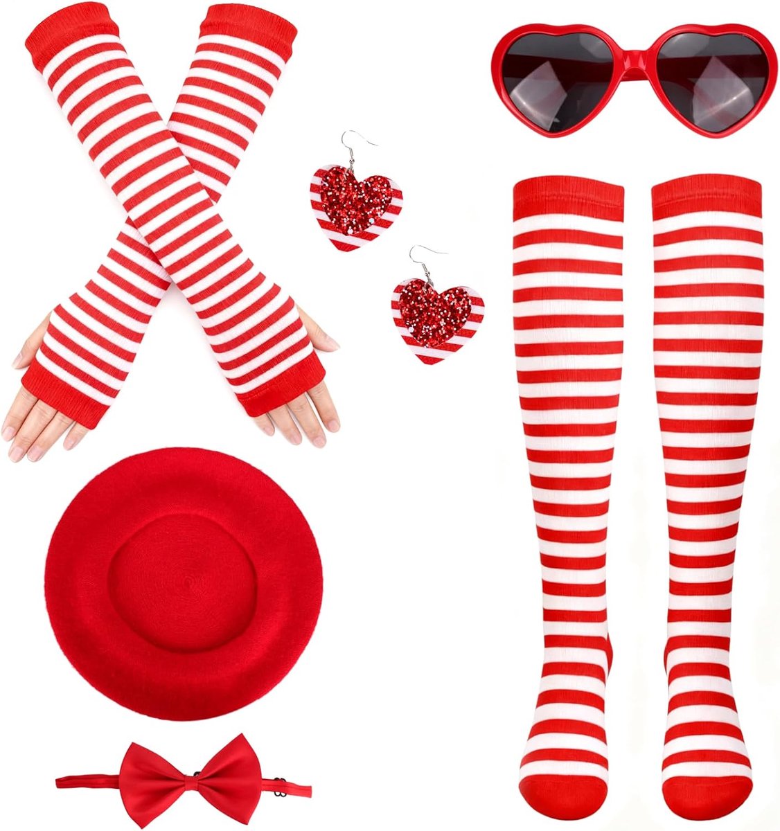 Carnavalskostuum voor dames: hoofdtooi, rood-wit carnavalskostuum, mouwen, kousen, hartvormige bril, vlinderdas, oorbellen voor het Keulse carnaval, carnavalskostuums voor dames