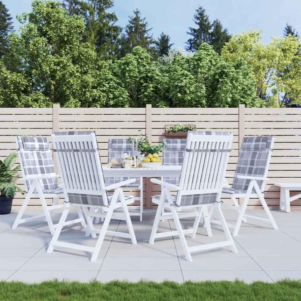 Zitkussens met hoge rugleuning, 6 stuks, grijs ruitpatroon, Oxford-stof, waterafstotende tuinkussens met zachte bekleding voor optimale zitondersteuning, duurzame kussenset