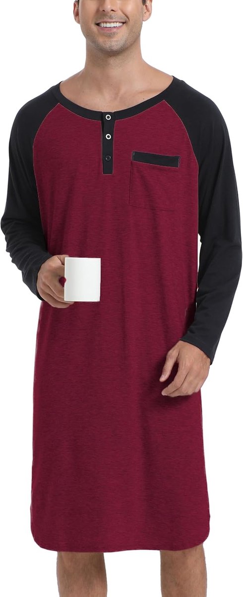 Heren nachthemd lange mouwen knielang slaapshirt