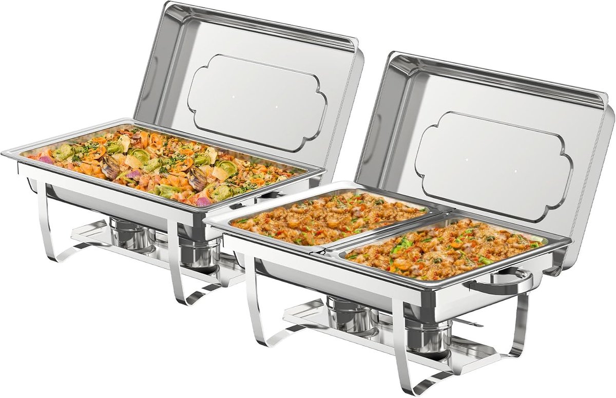 Chafing Dish Buffet, 2 stuks, 9 liter, Chafing Dish, eetwarmers van roestvrij staal, cateringserveerframe met opvouwbaar frame, eetpan in volledige en halve grootte met tang voor bruiloften en