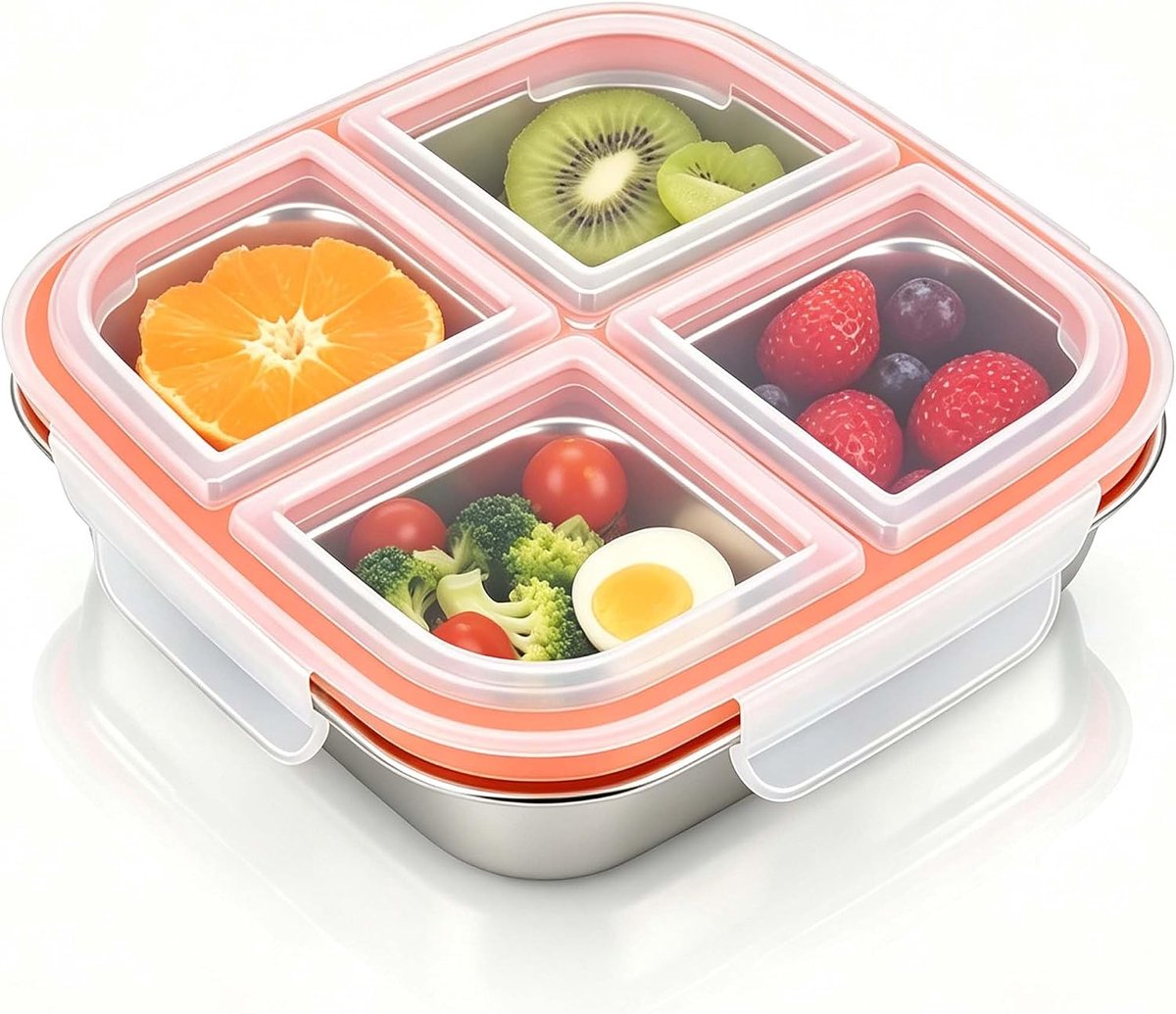 Snackbox met 4 vakken, roestvrij staal 304, lekvrije bentobox voor kinderen en volwassenen, 17,5 x 17,5 x 4,5 cm, lunchbox met vakken, herbruikbare broodtrommel voor school, kantoor, picknick