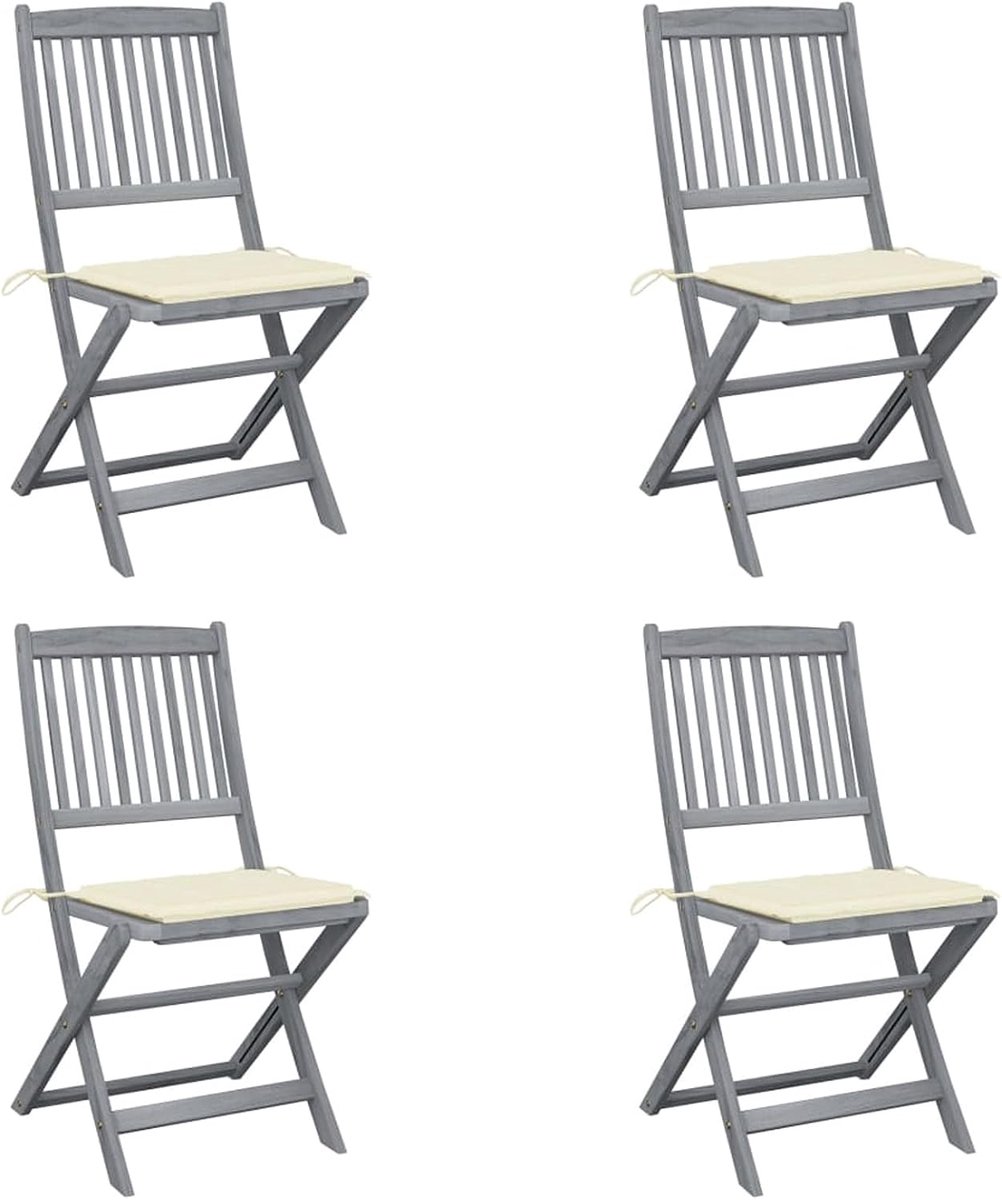 Opvouwbare tuinstoelen, eetkamer voor buiten, met kussens, houten tuinstoel voor buiten, hout, 4 stuks, met kussens van massief acacia