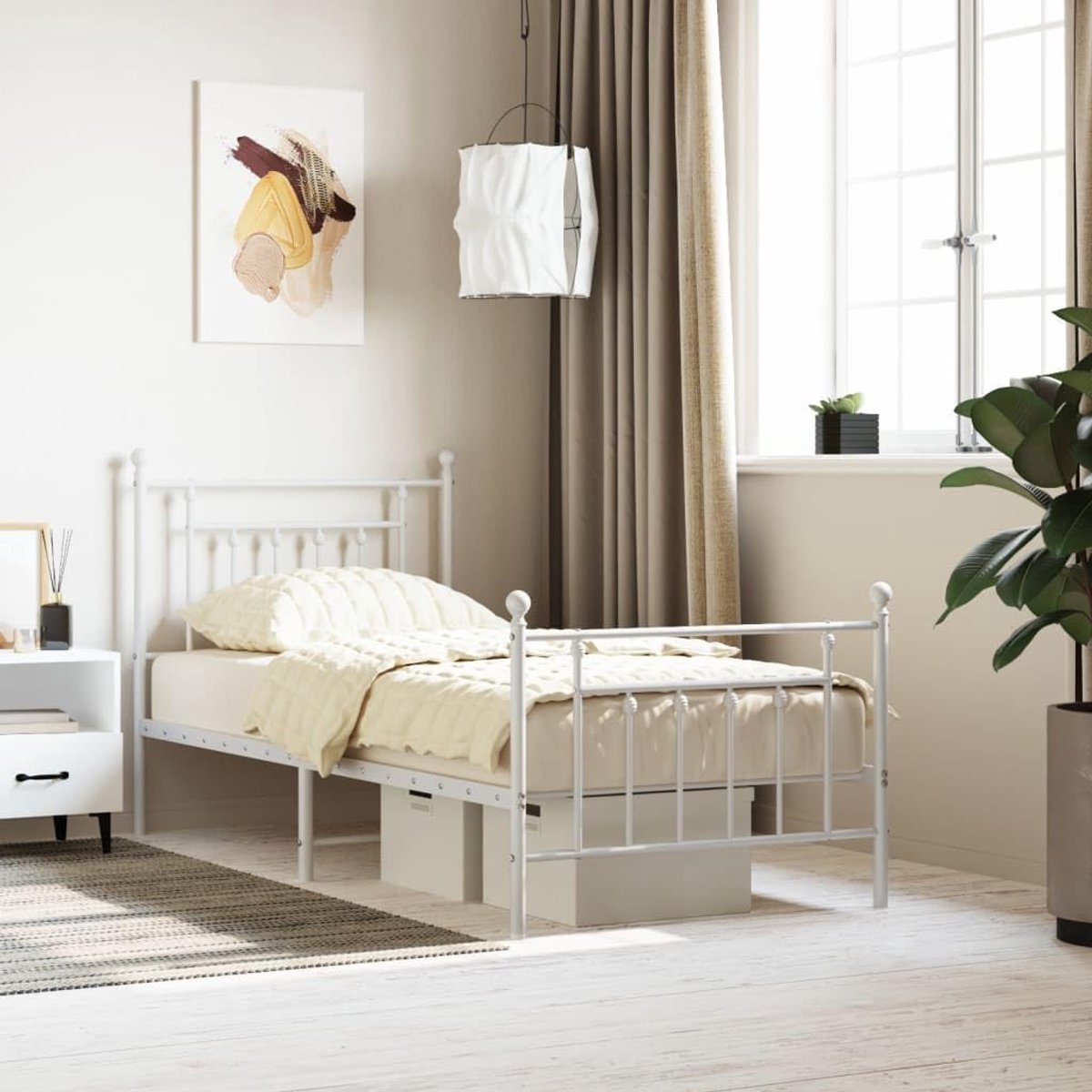 Bedframe met hoofd- en voeteneinde, metaal, wit, 90 x 190 cm, bedframe voor woonkamer, slaapkamer, hotelbedframe, geschikt voor slaapkamer
