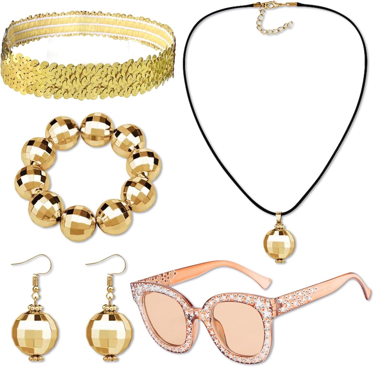 Kostuumaccessoires in jaren '70-stijl, 6 stuks, disco-accessoires, hoofdband, oorbellen, discobal, zonnebril, armband, halsketting voor fotoaccessoires, feestaccessoires
