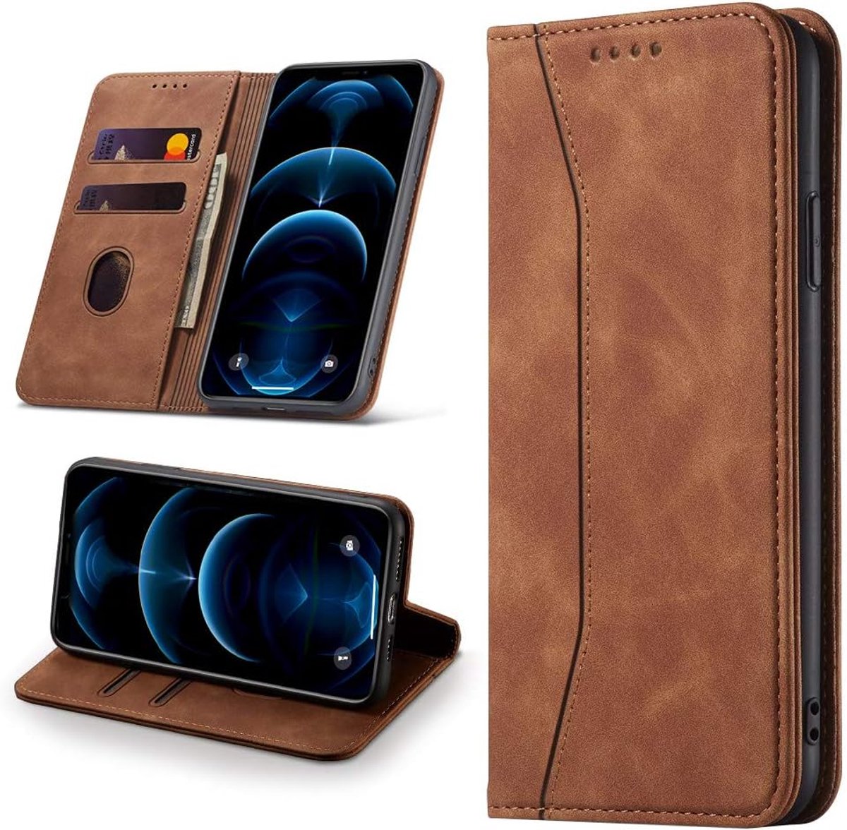 Hoesje voor iPhone 12/iPhone 12 Pro, [Premium PU-leerhoes] [klapdeksel] [kaarthouder] magnetische leer portefeuille Hoes Flip Case Telefoonhoesje voor iPhone 12/iPhone 12 Pro - bruin