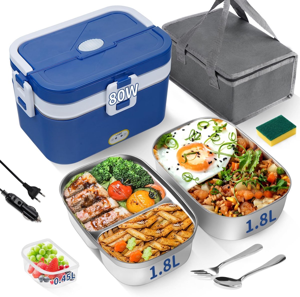 verwarmde lunchbox, 80 W, met twee etages, verwarmde kom van roestvrij staal met 2 afneembare dozen, 3-in-1, draagbaar, 12 V/24 V/220 V, voor auto en kantoor (blauw en wit, 1,8 l