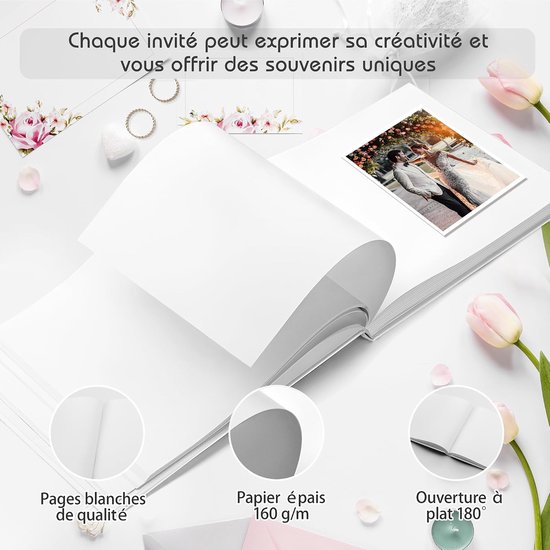 wit gastenboek voor bruiloft, verjaardag of doop - hardcover met gouden letters - geraffineerd notitieboek met 100 witte pagina's voor wensen en herinneringen — afbeelding 3