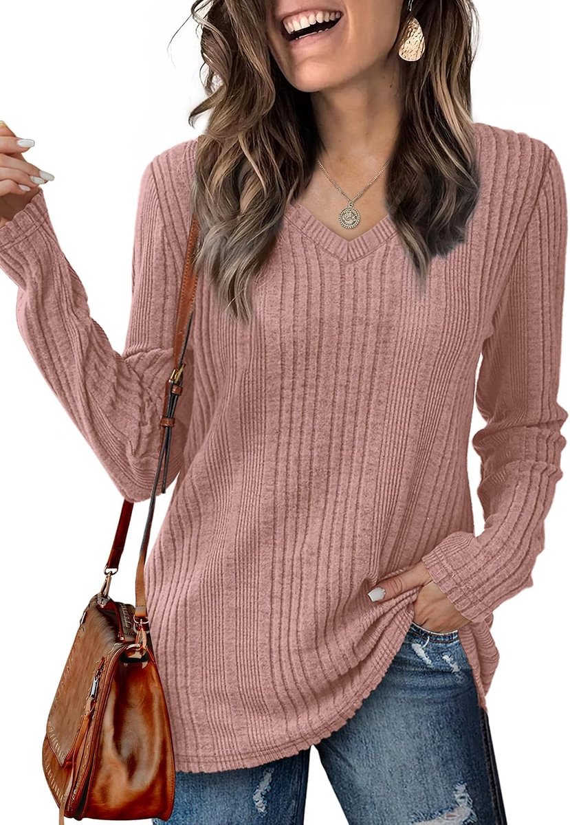 dames V-hals lange mouwen sweatshirt licht effen bovendeel basic gebreide trui herfst winter lente