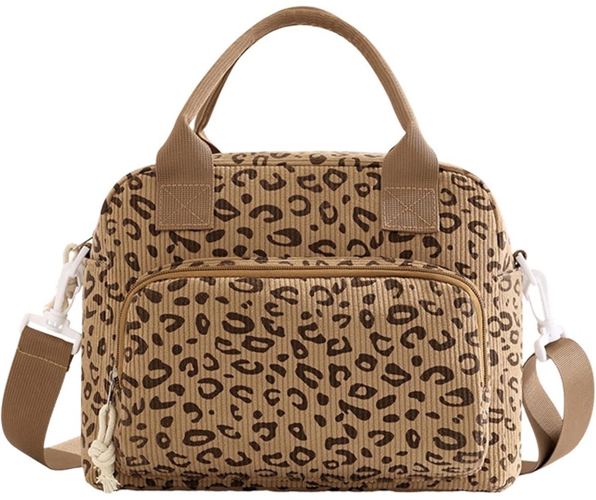 SSTRWGOOD Kleine geïsoleerde lunchtas voor dames - 9,5 liter - Corduroy materiaal - Voedselveilig PEVA-voering - 5 vakken - Met afneembare schouderband - Geschikt voor kantoor, werk, picknicks - Bruine luipaardprint