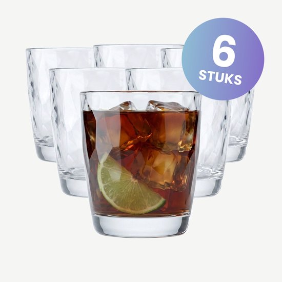 Lot de 6 pièces: un verre de boisson brune avec glaçons et une tranche de citron vert.