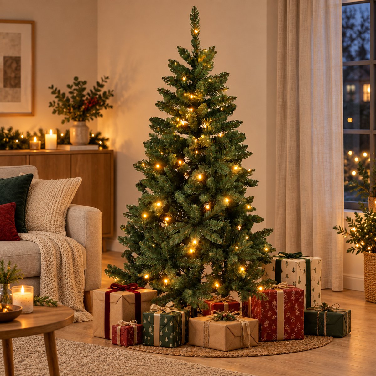 Buxibo Groene PVC 180cm Kerstboom met Verlichting - 150 LED-lichten en 8 lichteffecten - Metalen Standaard - 700 Takken - 180cm – foto 2