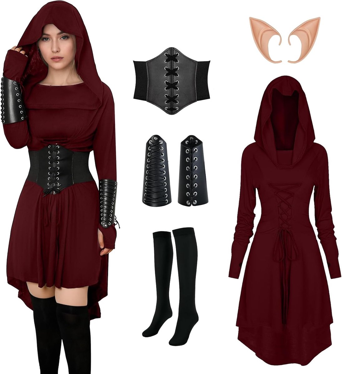 kleding voor dames, gothic jurk, renaissance, capuchonjurk voor dames, met korset, armbeschermers, kousen, elfenoren voor carnaval, Halloween, feestjes