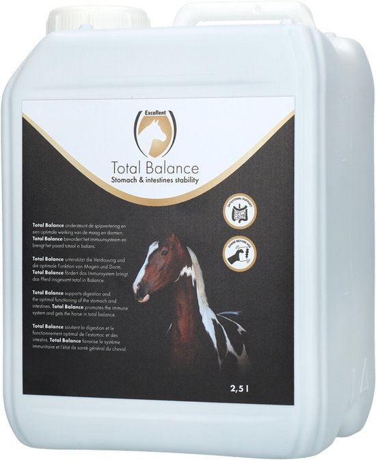 Witte jerrycan met 'Total Balance' etiket met een paardenhoofd en 2,5L erop.