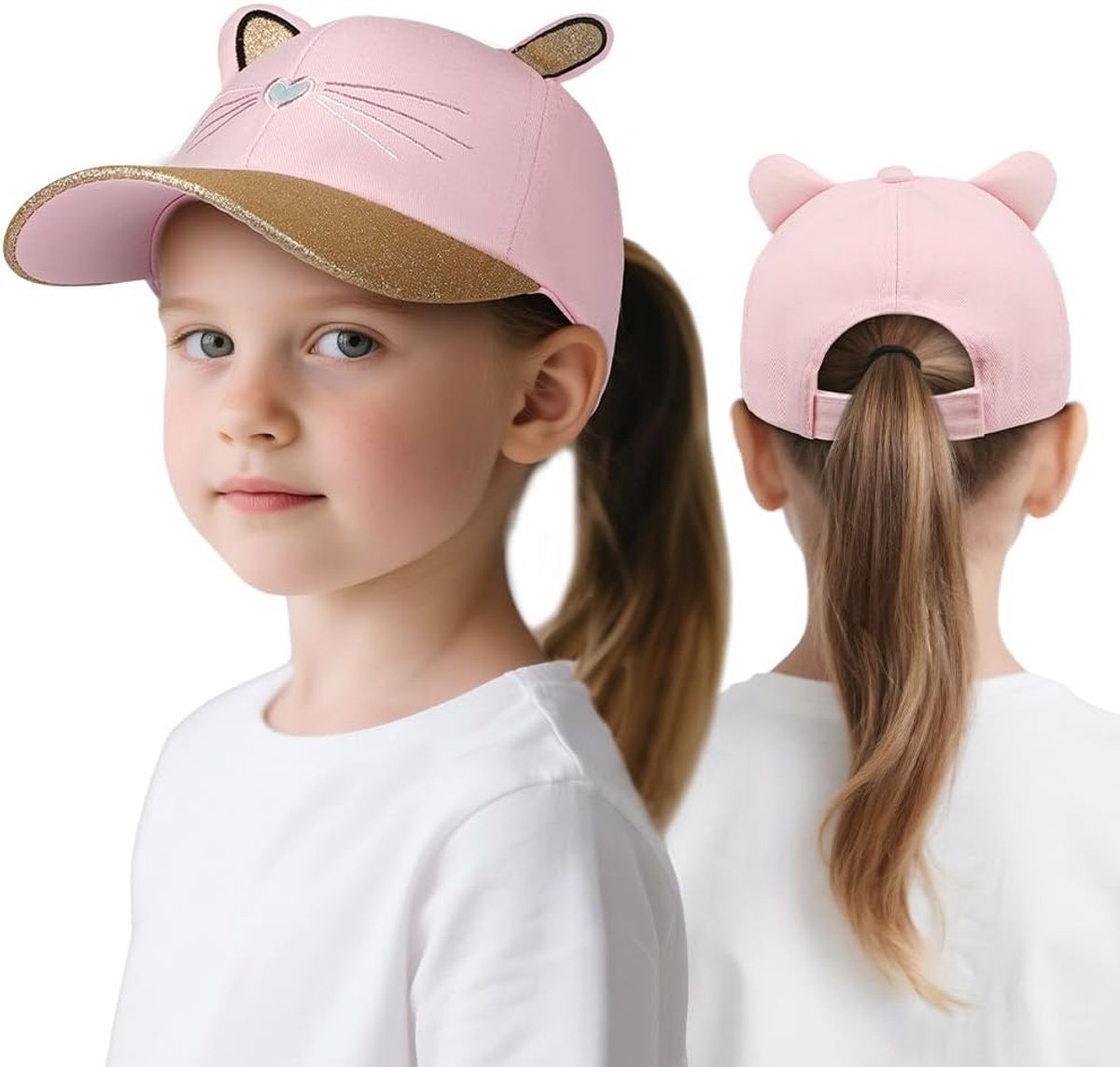 Honkbalpet voor meisjes, zomerzonnehoed, verstelbare uv-bescherming, roze stijl, honkbalpet, ademend en zweetbestendig, geschikt voor hoge paardenstaart