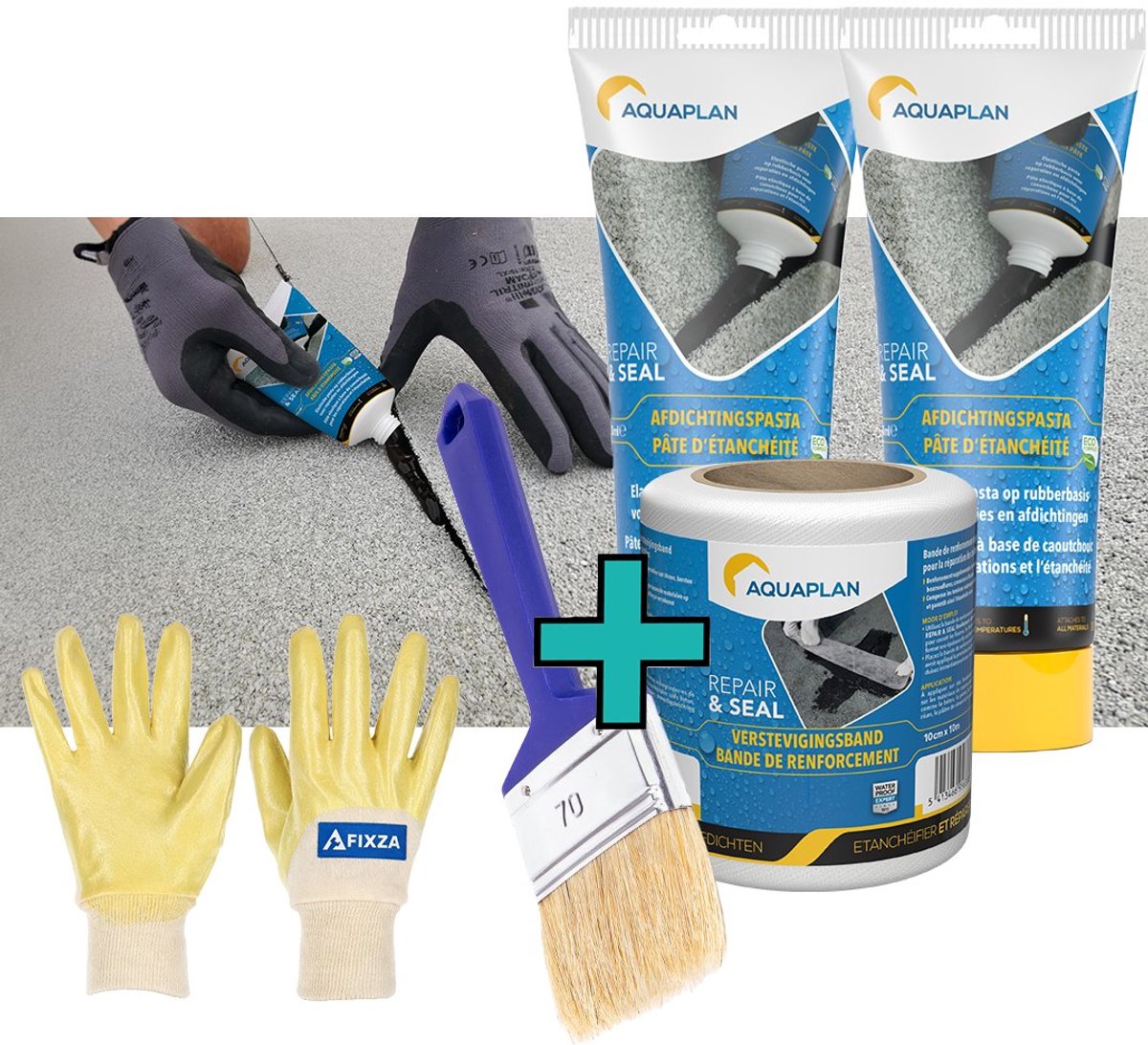 Aquaplan Afdichtingspasta – set – Elastische Pasta op Rubberbasis voor Reparaties en Waterdichte Afdichtingen + Repair & Seal Verstevigingsband – 300 ml