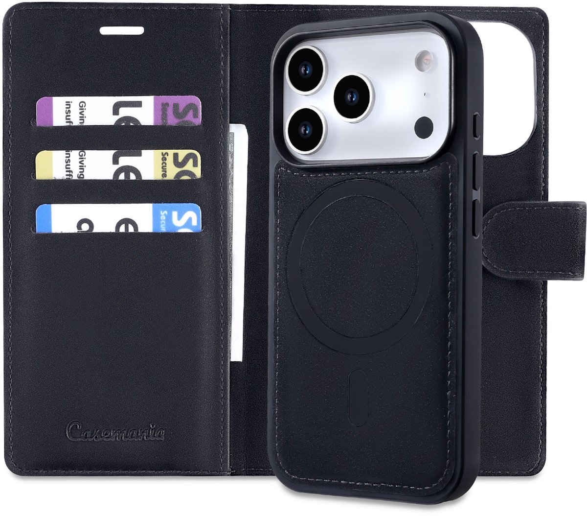 Casemania Hoesje Geschikt voor Apple iPhone 18 Pro - Onyx Black - 2 in 1 Bookcase met Velvet Finish - Geschikt voor MagSafe - Magnetisch Portemonnee Telefoonhoesje met Pasjeshouder en Afneembare Cover - Kunstleer Wallet Case - Zwart