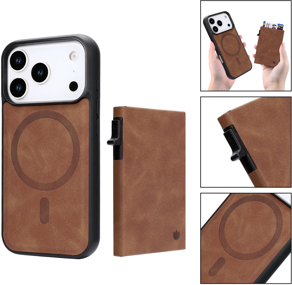 Casemania Hoesje Geschikt voor Apple iPhone 18 Pro Max - Sienna Brown - Magnetisch Back Cover met Uitschuifbaar Pasjeshouder - 2 in 1 Telefoonhoesje geschikt voor MagSafe met 6 Pasvakjes Creditkaarthouder - Bruin