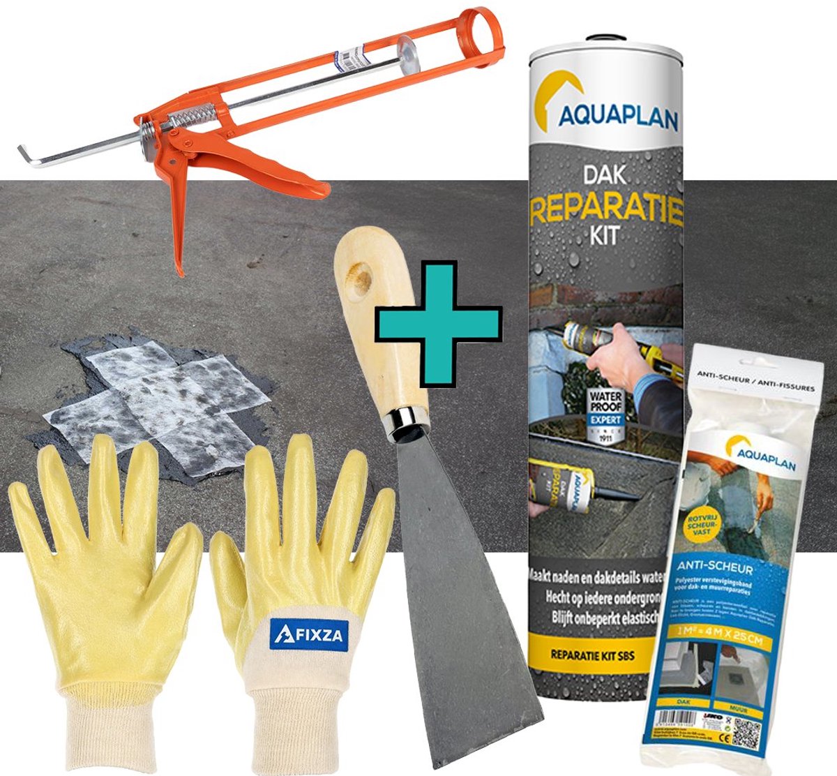 Aquaplan Dak-Reparatie - set -Kit – Waterdichte Elastische Dakreparatie Pasta voor Bitumen Dak en Dakgoot - 310 ml