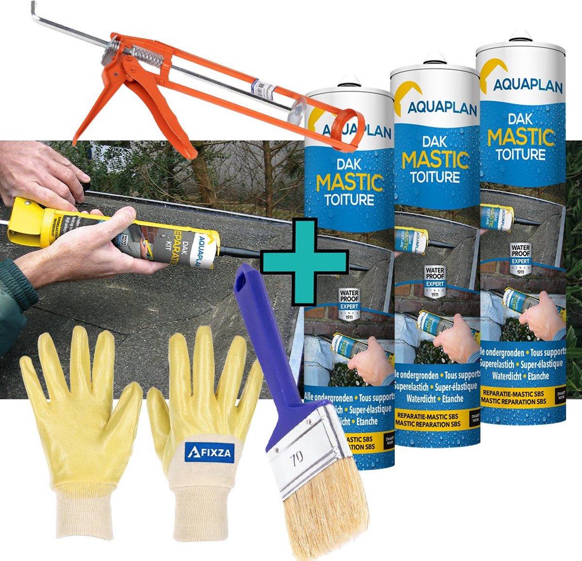 Aquaplan Reparatie-Mastic – set - plus kwast - Waterdichte Dakreparatie Pasta – Voor Scheuren, Barsten en Dakafdichting - 930 ml
