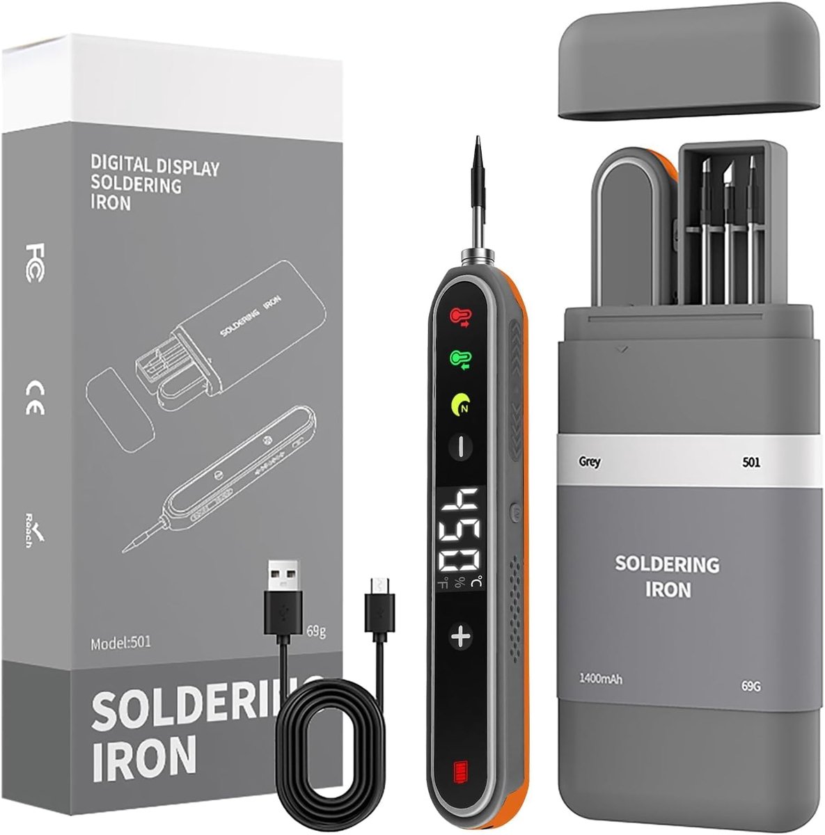 1400 mAh accu-soldeerbout, draadloze soldeerbout, 8 seconden snel opwarmen, instelbare temperatuur 180-450 °C, 3 soldeerpunten, draagbare soldeerbout voor elektrische werkzaamheden
