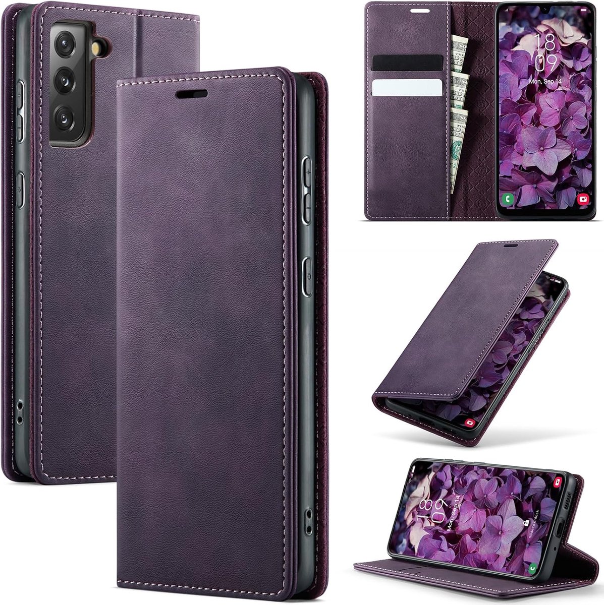Hoesje voor Samsung Galaxy S21 5G, magnetische Flip case, opvouwbaar standfunctie Cover beschermhoes met kaartsleuf en portemonnee, leren hoes voor Samsung Galaxy S21, Paars