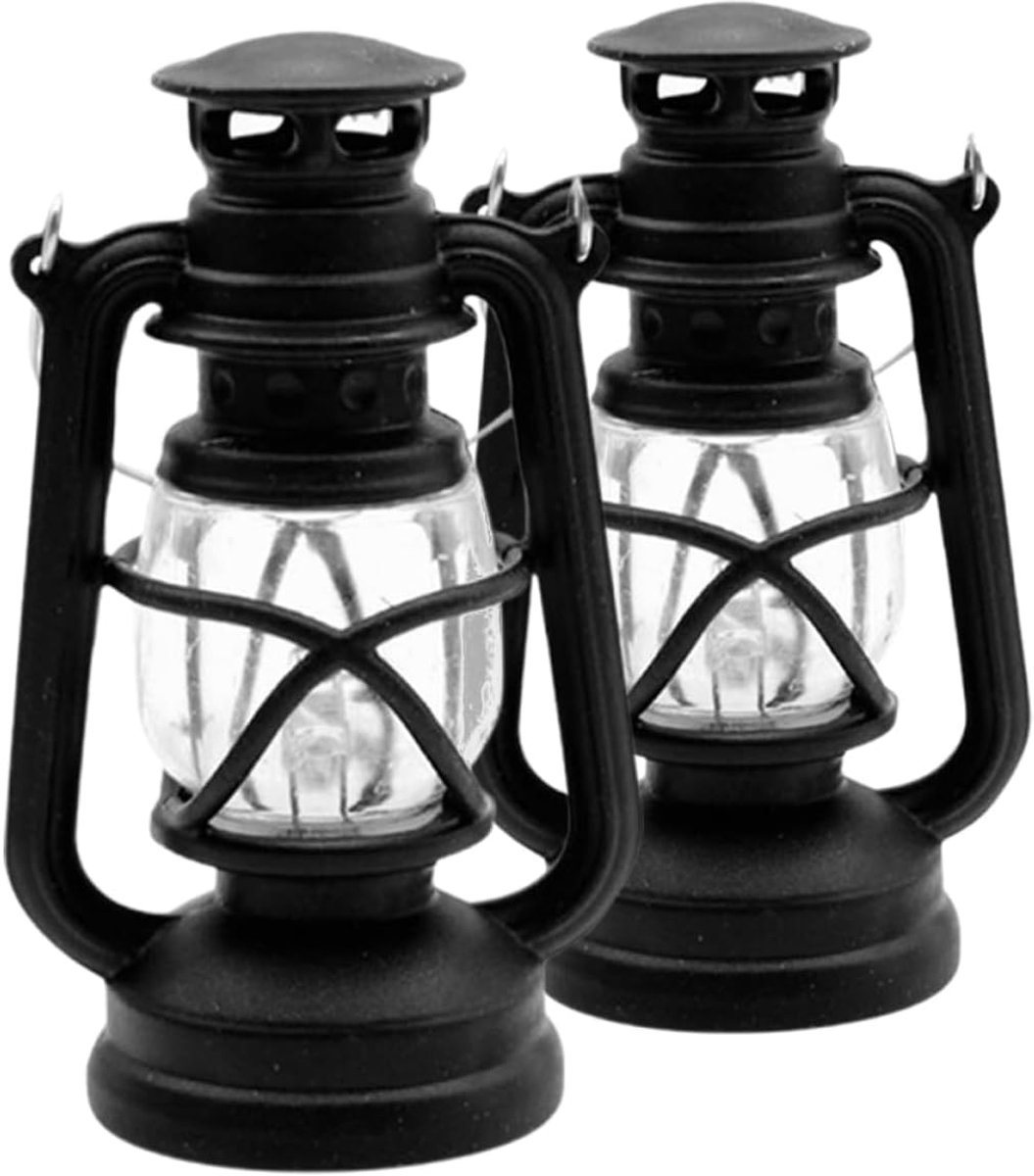 Mini-verlichtingsset (2 stuks) – LED-olielamp in vintagestijl voor miniatuurdecors – Mini-vintage-LED-nachtlampje/elektronische kaars – Zwart