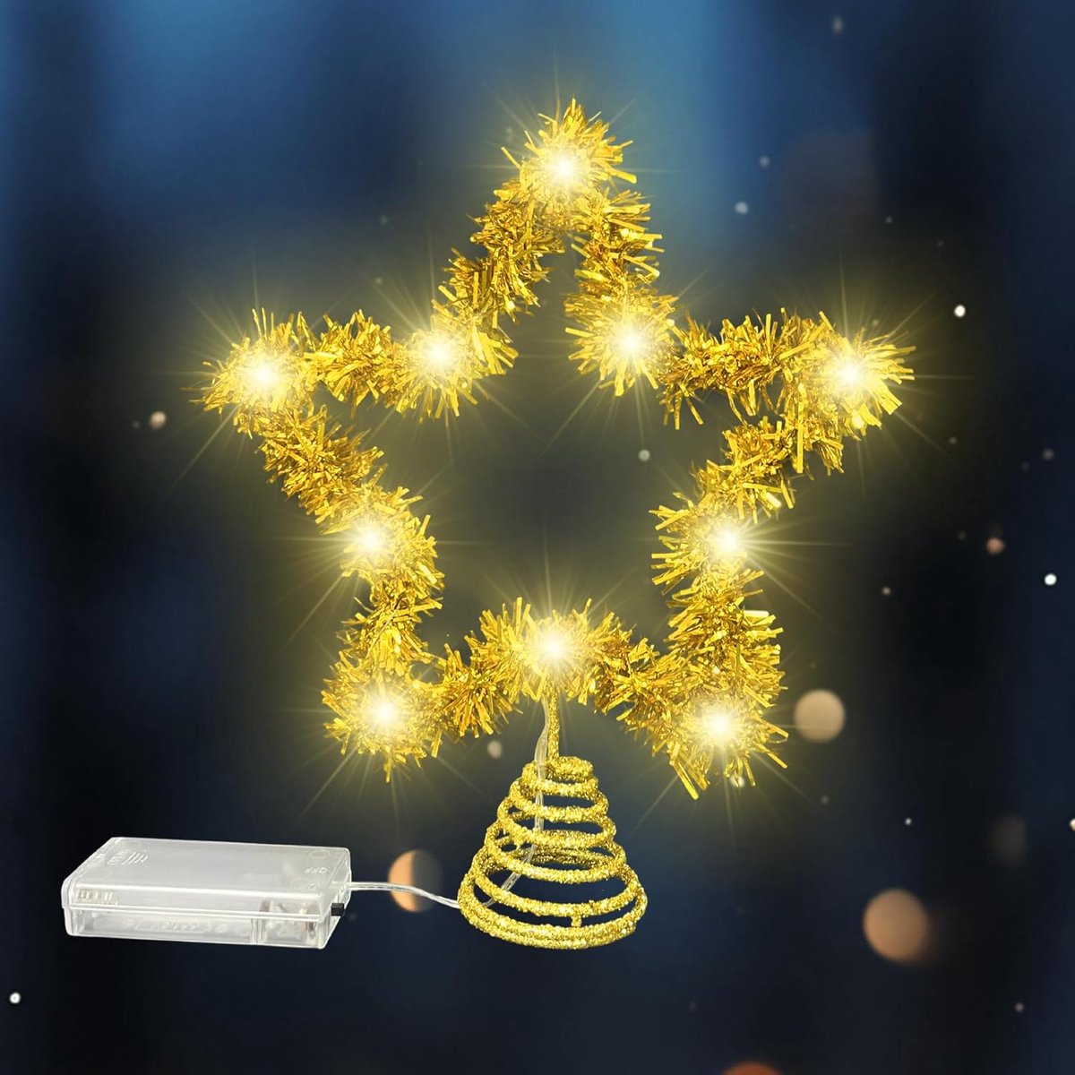 kerstboompiek, 20 x 25 cm, ster, kerstboom, met sterpunt, lichtgevende kerststerren, 10 ledlampen voor huis en kerstboom, decoratie (goud)
