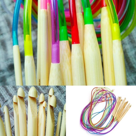 12-delige Bamboe Haaknaalden Set voor Tunesisch Haken met Kleurrijke Plastic Touw, Ideaal voor Dekens, Tapijten en Sjaals — afbeelding 2