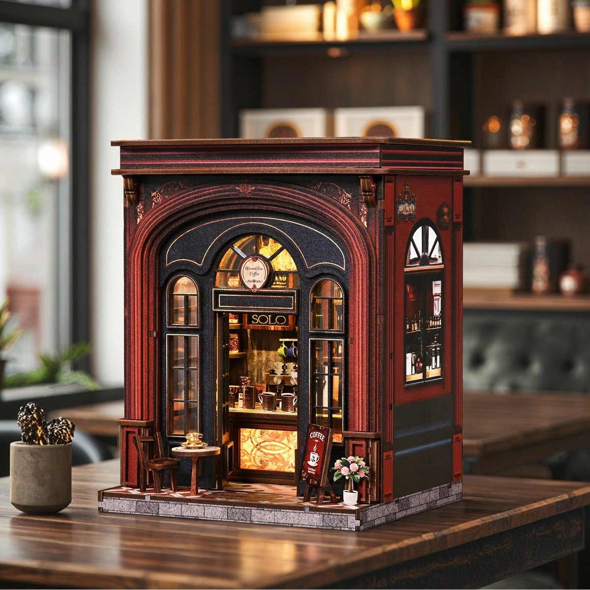 Booknook Warmglow Coffee - 3D Puzzel met Handleiding - DIY - Miniatuur Modelbouw Hout Kinderen en Volwassenen - Houten bouwpakket - Assemblr