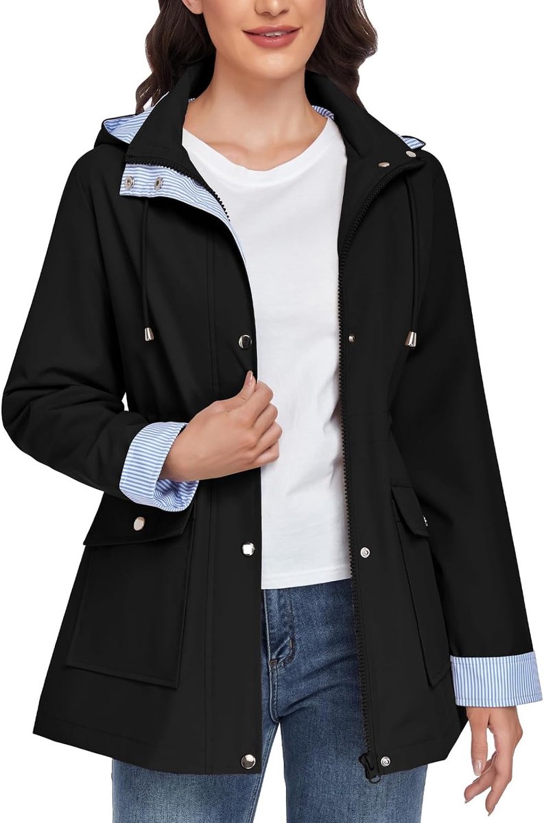heekpek Regenjas voor dames, gestreept, lang, parka, licht, lichte jas, capuchon, trenchcoat, regen, winddicht, elegant, ritssluiting, softshell met zak en trekkoord