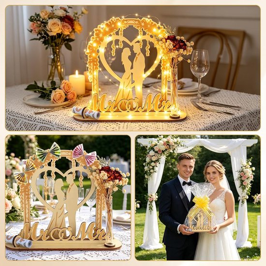Geschenkdoos voor bruiloft van hout, geldgeschenk voor bruiloften, romantische decoratie voor koppels, met led-lichtketting, gedroogde bloemen, bankbiljettenhouder, origineel cadeau voor bruiloft — afbeelding 5