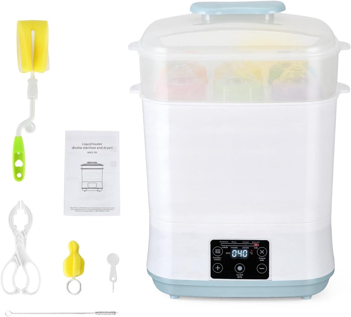 5-in-1 stoomsterilisator met droogfunctie, sterilisator en droger voor 6 babyflessen, met melkverwarming (35-55 °C), voedselverwarming en volledige accessoireset, ruimtebesparend, veilig en eenvoudig