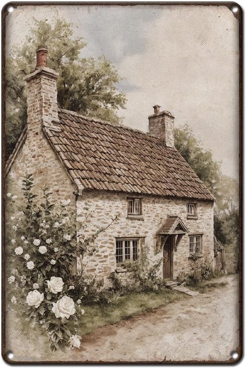 bord Boerderij Vintage Landelijk Scène Wanddecoratie Witte Rozen Deurplaat voor Boerderij Tuin Park 20 x 30 cm 1 stuk Realistische Stijl