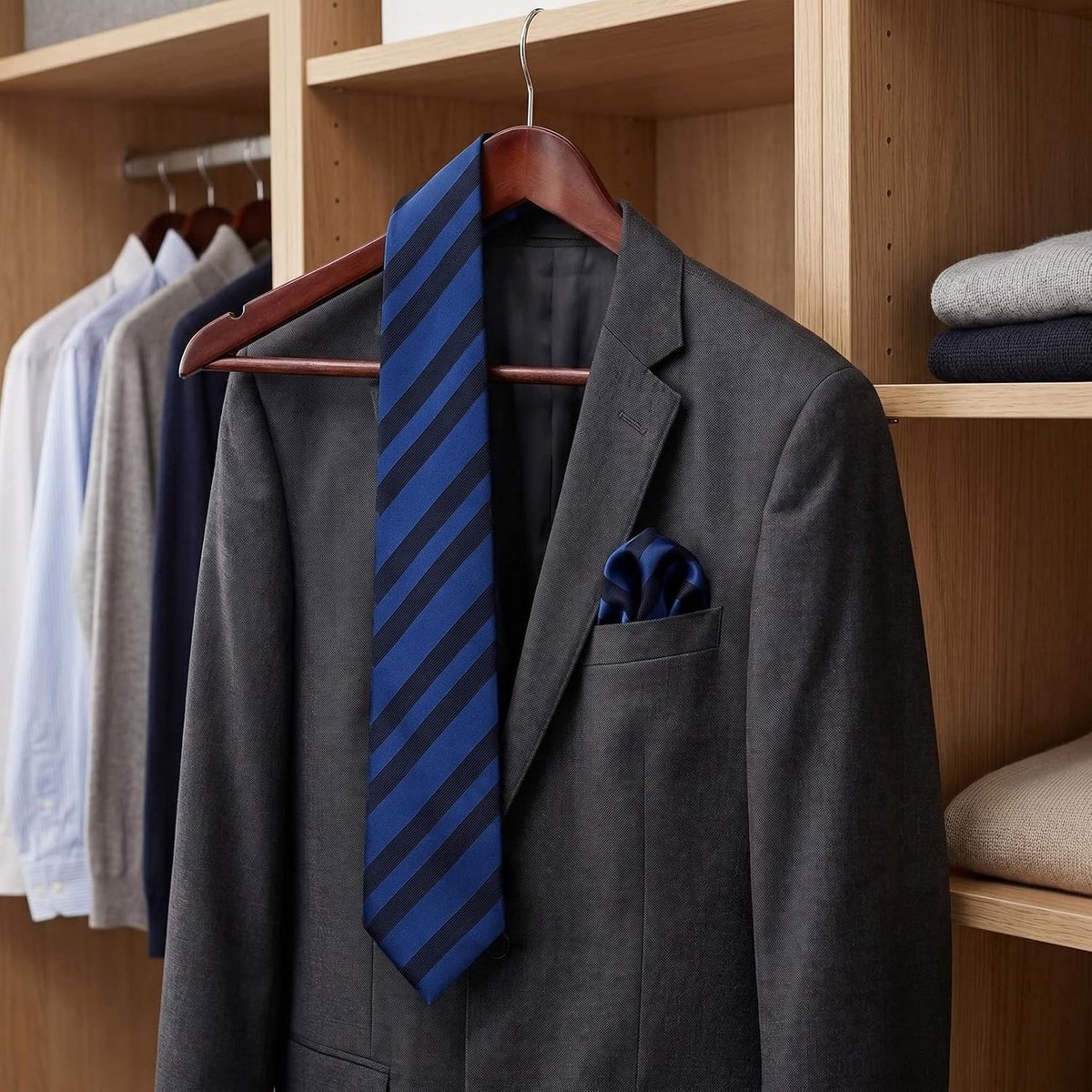 SHLAX&WING Heren Stropdassen Gestreept met Pochet Set Tweekleurig Navyblauw Donker Koningsblauw Elegant Zakelijk Formeel Cadeau