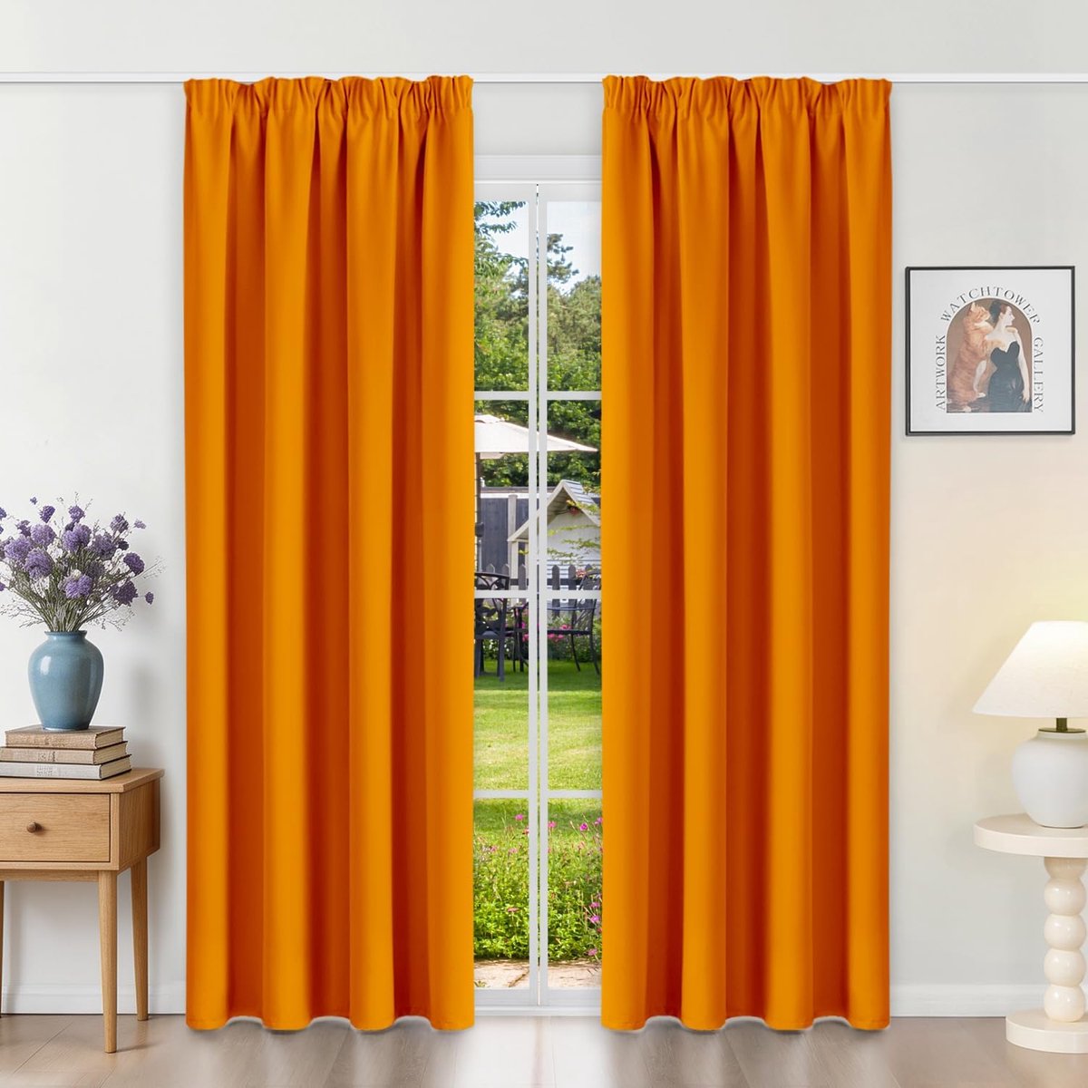 Gordijnen met plooiband, thermische gordijnen, koudebescherming, gordijnen, ondoorzichtig, 200 x 140 cm (h x b), oranje, set van 2 verduisteringsgordijnen voor railsysteem, schuifgordijnen