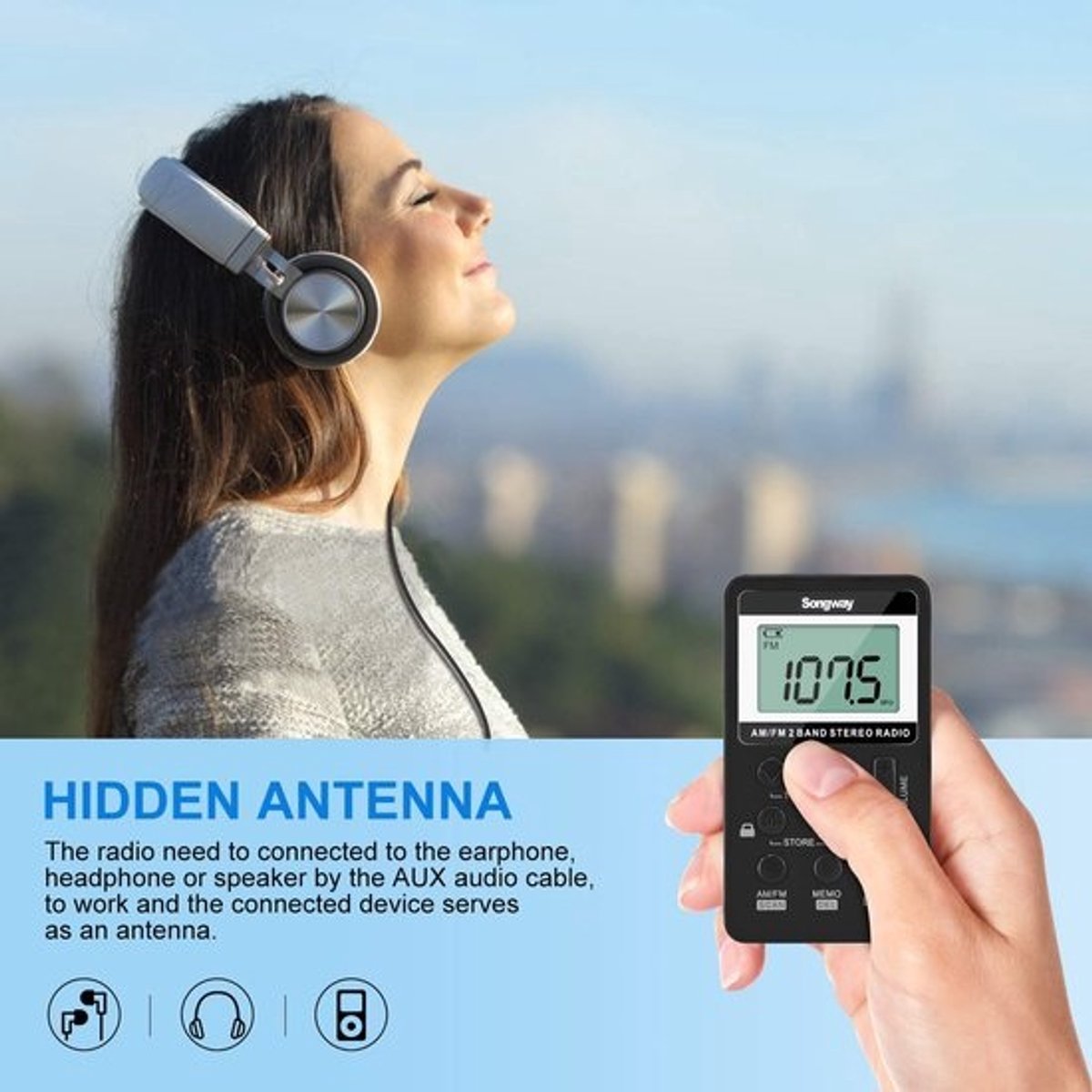 SnelShoppen - Stereo zakradio AM/FM met hoofdtelefoon, LCD-display, USB, oplaadbaar, uitstekende DSP-ontvangst voor fitnessstudio, outdoor, bibliothee
