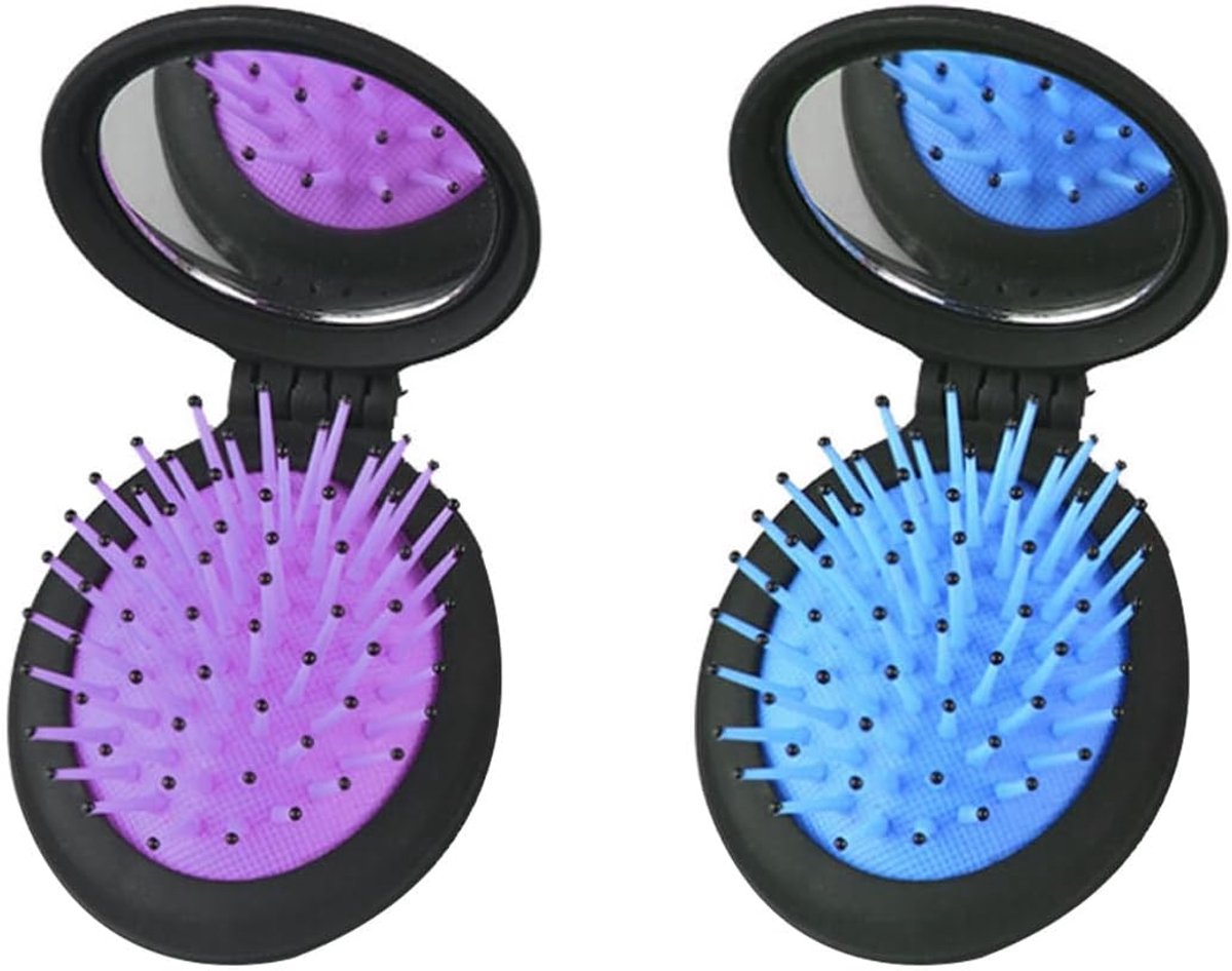 2 stuks haarborstel, draagbare opvouwbare ovale kam met spiegel, compacte haarstylingtool voor in de tas, in de sportschool en bij het zwemmen (blauw en paars)